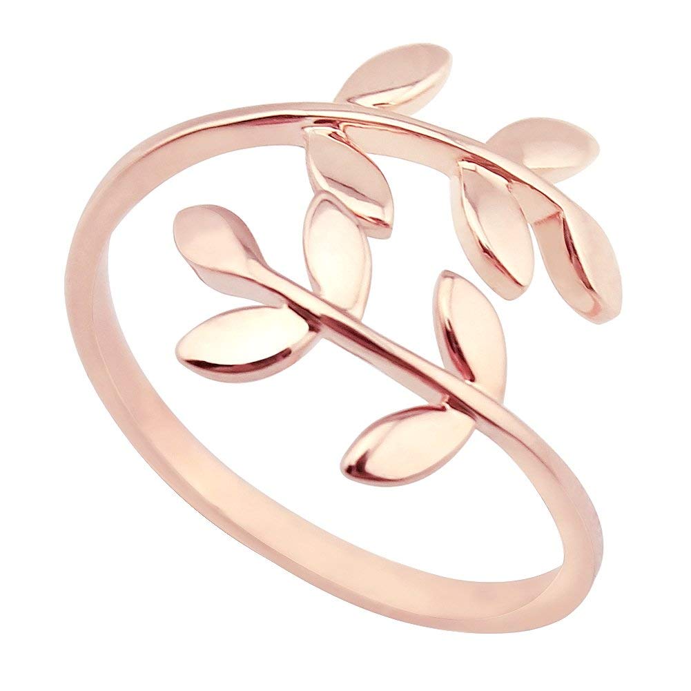 ELBLUVF Stainless-Steel 18k Rose Gold Plated Leaves Leaf Laurel Adjustable Branch Ring Jewellery for Women