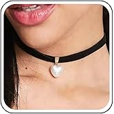 Aneneiceera Vintage Black Suede Choker Necklace Acrylic White Heart Pendant Necklaces Wide Suede Velvet Necklaces Punk Velvet Collar Necklace Chain Jewelry for Women