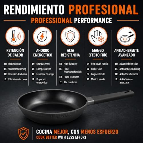 FIH 1566 sartén de aluminio fundido con revestimiento antiadherente quantanium apta para inducción, gas y vitrocerámica mango ergonómico resistente al calor
