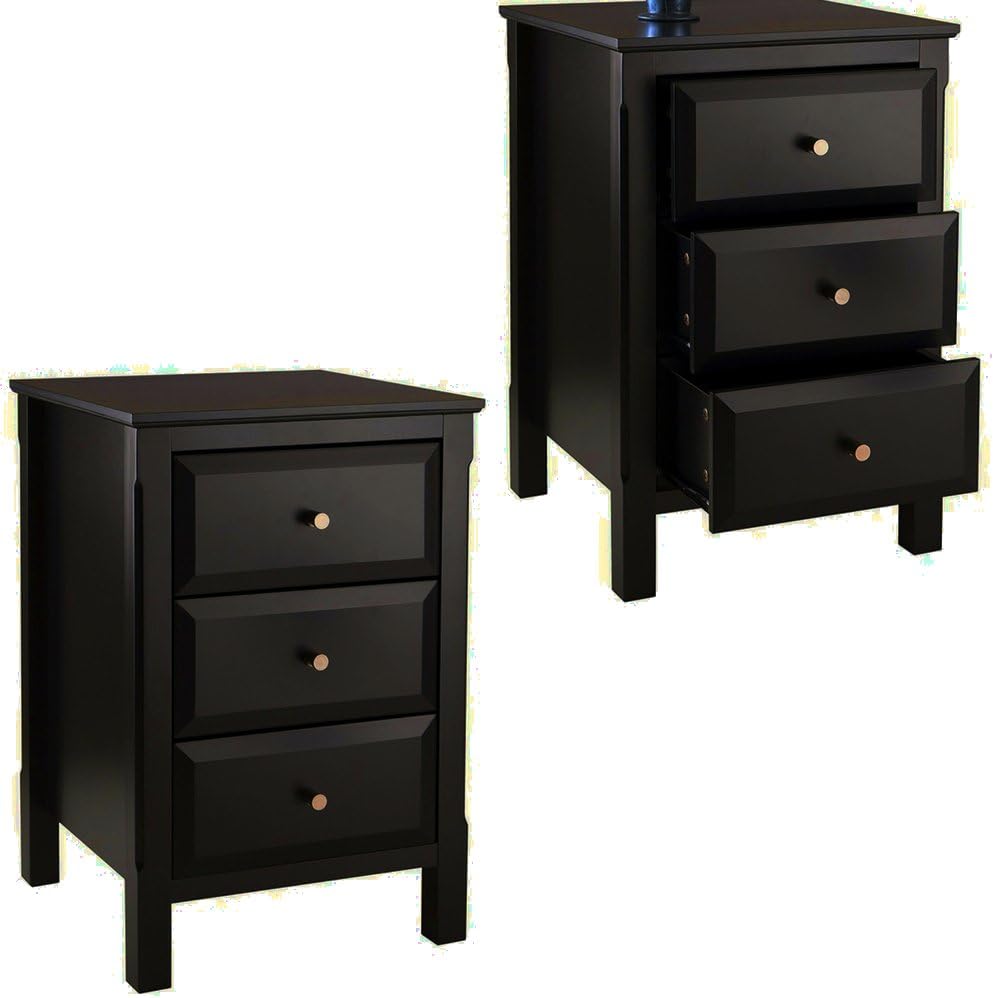 Amazon Com Black Modern Nightstand With 3 Drawers Wooden Dark