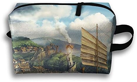 Sailing Ship Lighthouse Boat Town Travel Bag Cosmetic Bags Brush Pouch Portable Makeup Bag Zipper Wallet Hangbag Pen Organizer Carry Case Wristlet Holder