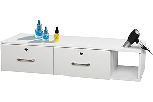 TOVRON Wall Mount Barber Salon Station White Makeup Storage Organizer Hair Styling Beauty Spa Equipment Utility Set with 3 Appliance Holders, 2 Lockable Drawers