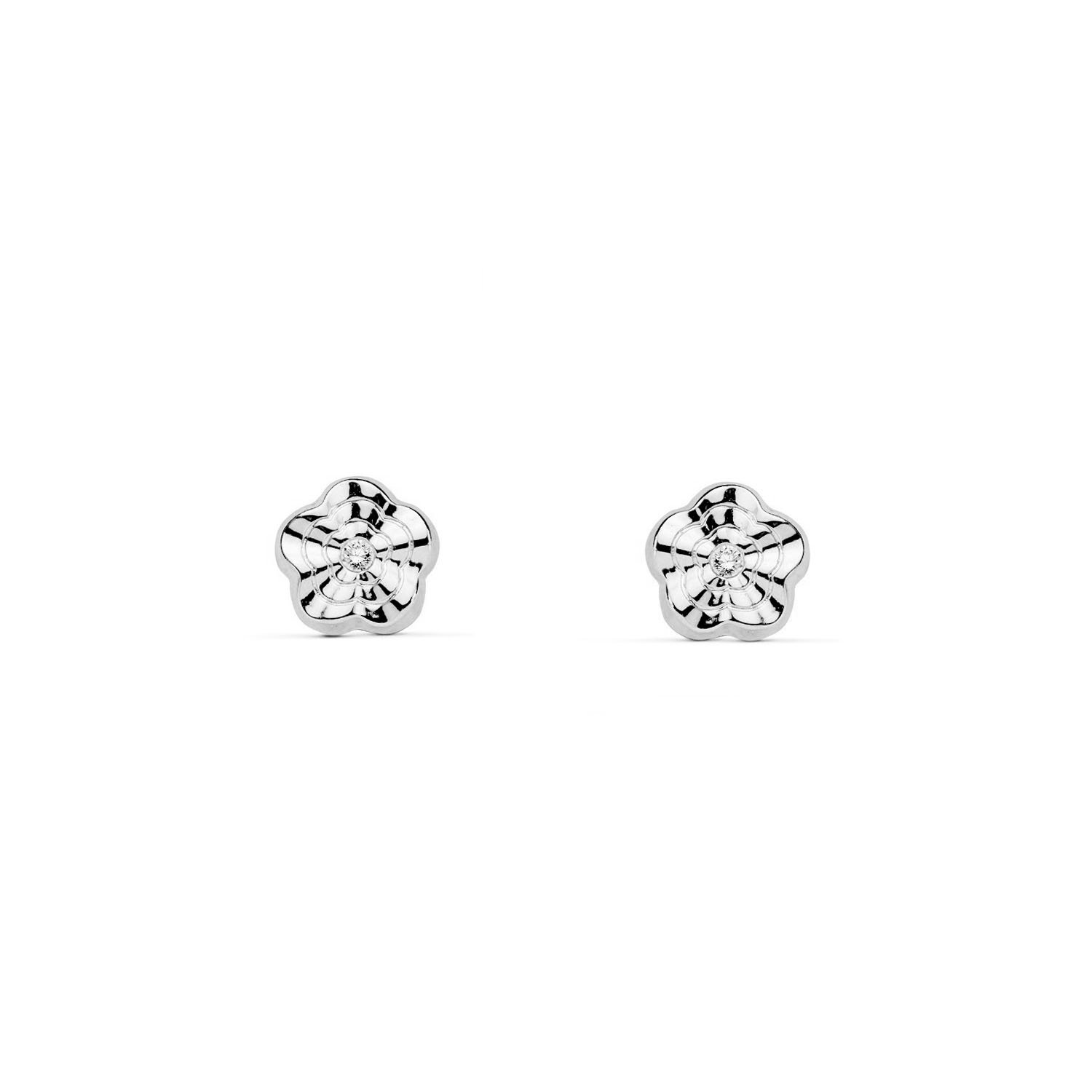 Pendientes Bebe o Niña Oro Blanco Flor ondas con Circonita