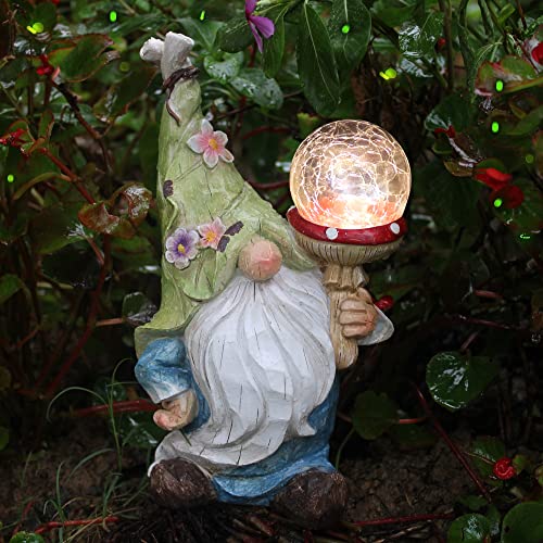 Garden Gnomes Statues Outdoor Decor with Solar Lights, Animal Outside Garden Decorations for Yard, Funny Gnome Gifts (Green)