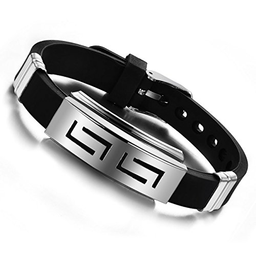 MOWOM Silver Tone Black Stainless Steel Rubber Bracelet Bangle Cuff Greek Adjustable
