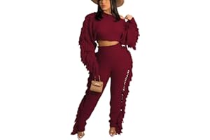 KANSOON Sweater Sets for Women 2 Piece Outfits Knit Tassels Solid Color Long Sleeve Crop Sweaters Long Pants Sweatsuit