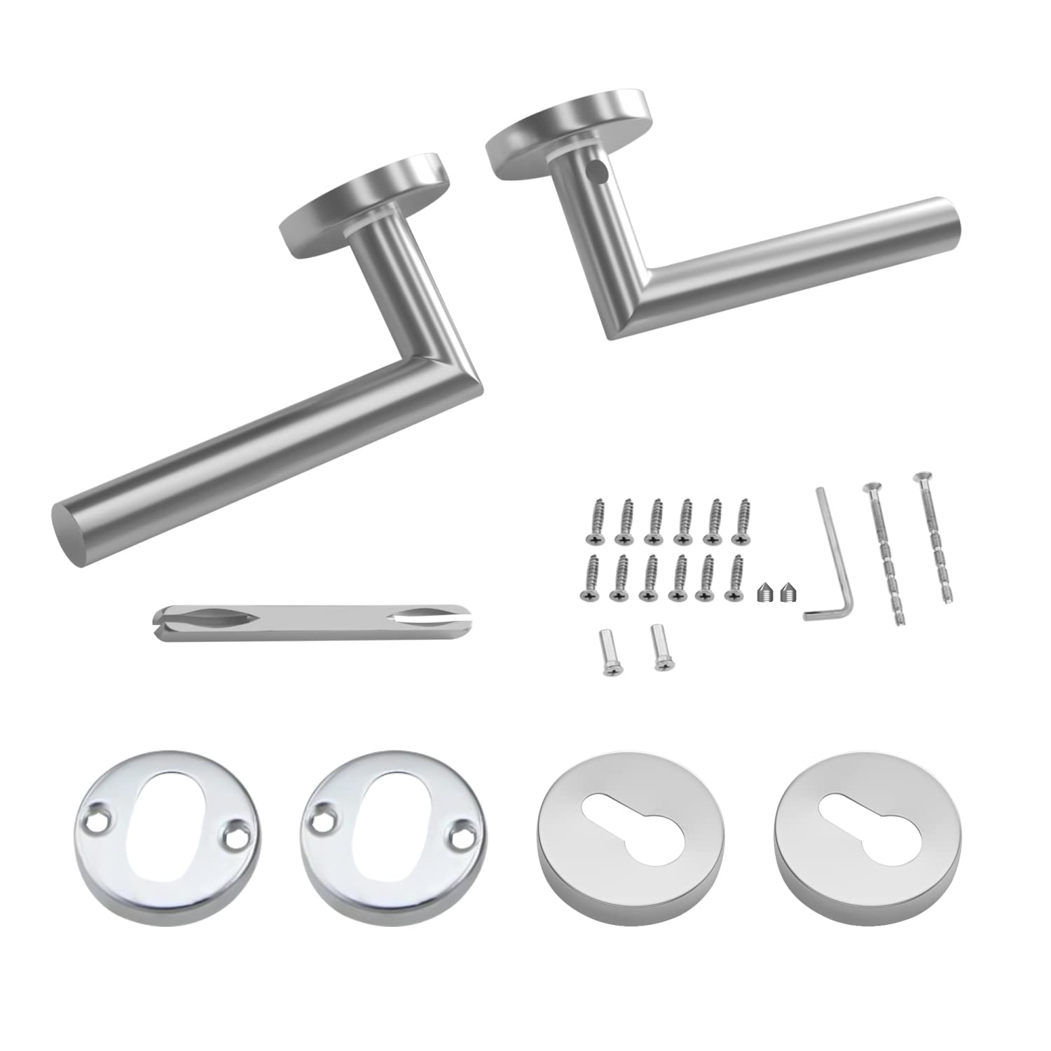 INTIRILIFE Silver Stainless Steel Door Handles for One Door - Modern Round Lever Handles with Key Lock - Ambidextrous - 130 x 54 x 60 mm