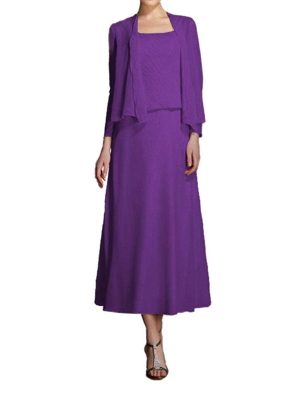 Tea Length Mother of The Bride Dress Evening Formal Gowns Long Sleeve