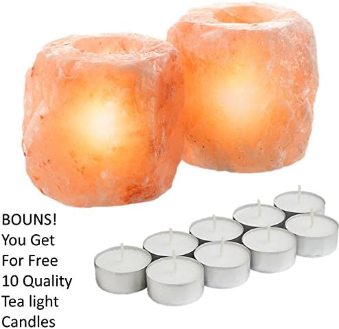 ShartPro Set Of 2 Natural Himalayan Salt Candle Holder - Crafted Naturally From Himalayan Rock Salt crystals - Beautiful Salt Tea Light Holder + Pack From 10 Quality Tealight Candles