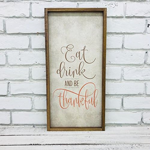 Eat, Drink, &amp; Be Thankful Farmhouse Framed Wood Sign walnut stained frame