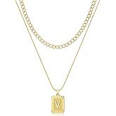 Initial Necklaces for Women 14K Gold Plated Letter Necklace Square Pendant Layered Gold Choker Necklaces Trendy Jewelry V