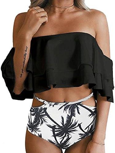 Yuanyang Women Swimsuit Two Piece Off Shoulder Sexy Ruffled Flounce Crop Bikini Bottoms Beachwear Black Medium