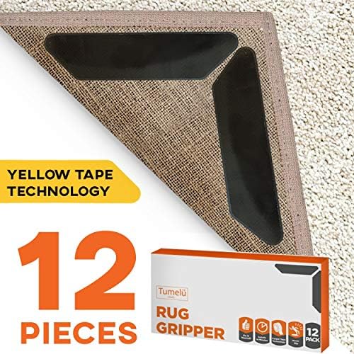 TUMELU 12pc Premium Large Size Anti Curling Carpet Tape Rug Gripper – Will Keep Rug in Place & Keep Corners Flat, Advanced with Yellow Capet Tape, Double Sided, Hard Plastic Center, 2X Adhesive
