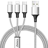 Multi Charger Cable, 4ft 3 in 1 Universal Nylon Braided Multiple USB Fast Charging Cord with Micro USB/Type C Connector Compatible with Phone 7Plus/Galaxy S8 and More-Silver