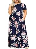 Nemidor Women Short Sleeve Loose Plain Casual Plus Size Long Maxi Dress with Pockets (143+NavyPrint, 20W)