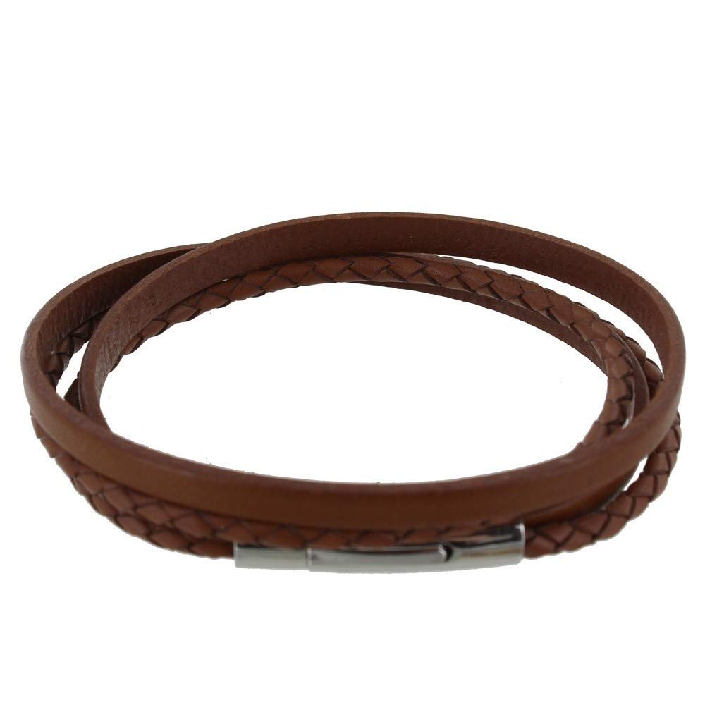 LES POULETTES BIJOUX - Men's Bracelet Two Stripes Leather Flat and Round Braided Stainless Steel Clasp - Classics - Light Brown โ image 1