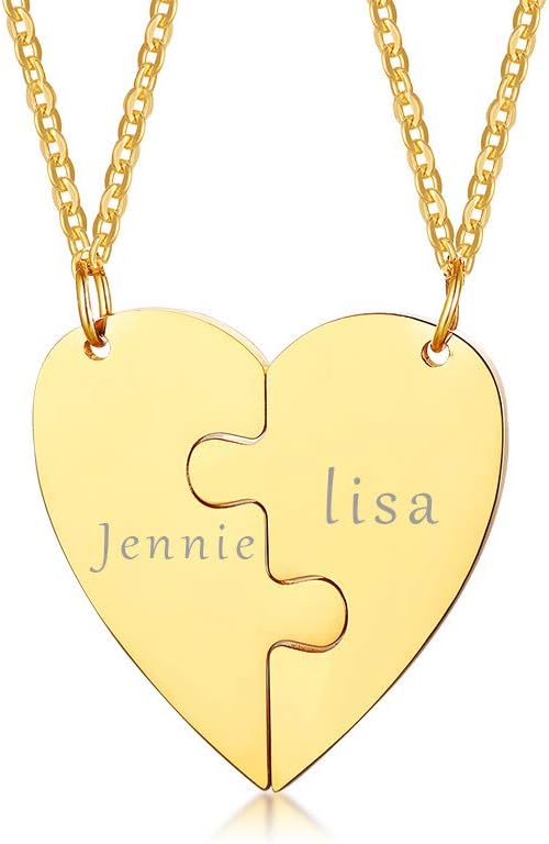 XUANPAIPersonalised Customized Stainless Steel Matching Heart Shape Puzzle 2 Piece Pendant Best Friend Friendship Engraving Pendant Necklace Gold Plated