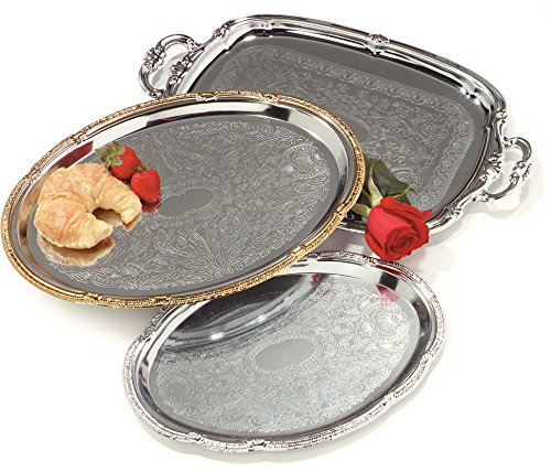 Carlisle 608913 Oval Chrome Plated Serving Tray with Gold Border, 17-3/4" x 12-7/8" (Pack of 12)