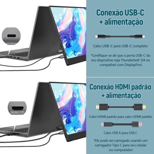 Monitor portátil de 15,6 polegadas, conectividade USB-C e HDMI, resolução Full HD 1080p, falantes integrados compatível com diversos dispositivos–Preto