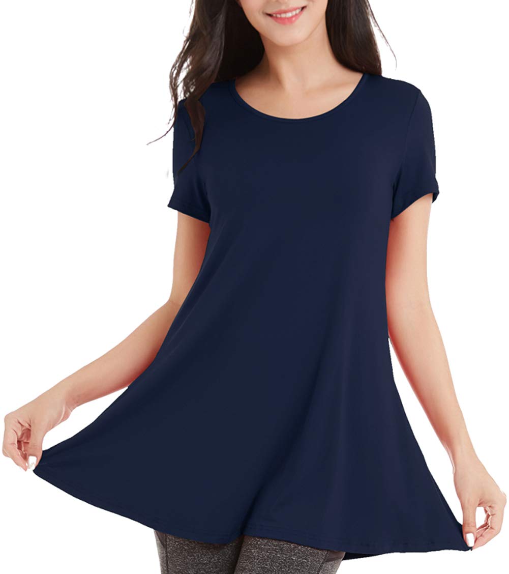 Picotee Women\'s Casual Comfy Short Sleeve Swing Loose T-Shirt Dress with Pockets (L, Navy Blue)