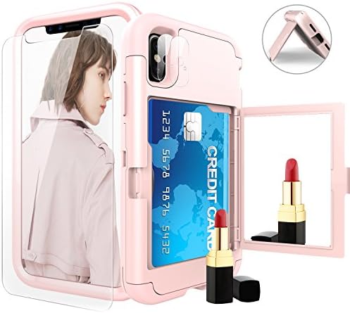 iPhone X / 10 Plastic Silicone Wallet Case with Screen Protector, Mirror and Kickstand, Three Layers Heavy Duty Protection and Non-slip, Taken Direct Card Slot, for Women, Girls, 5.8 Inch (Rose Gold)