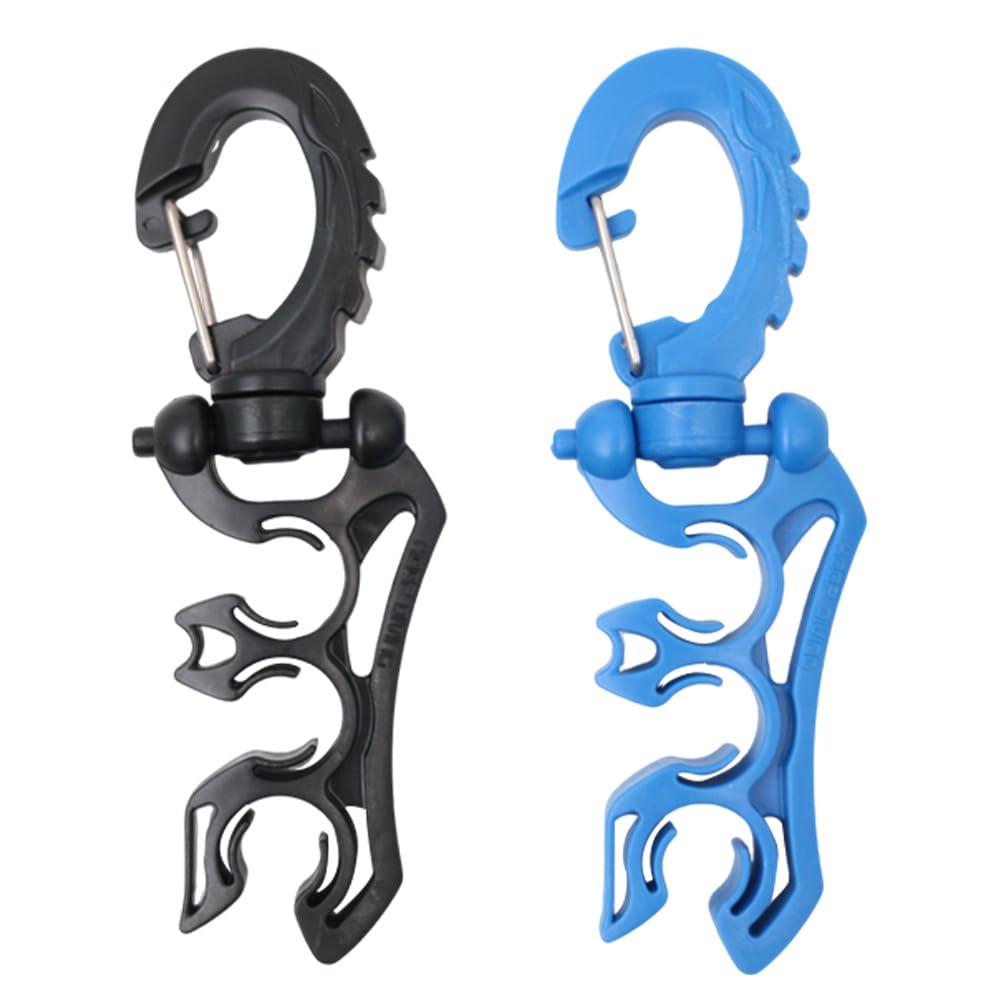 POFET 2 PCS Diving Double Hose Holder with Clip, Diving BCD Pipe Holder Clip Regulator Retainer Loop Hook(Black + Blue)