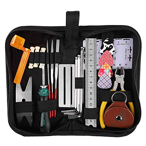 Guitar Repairing Tool Kit(26PCS) Wire Plier,String Organizer,Fingerboard Protector,Hex Wrenches, Files, String Ruler Action Ruler, Spanner Wrench,Bridge Pins for Guitar Ukulele Bass Mandolin Banjo