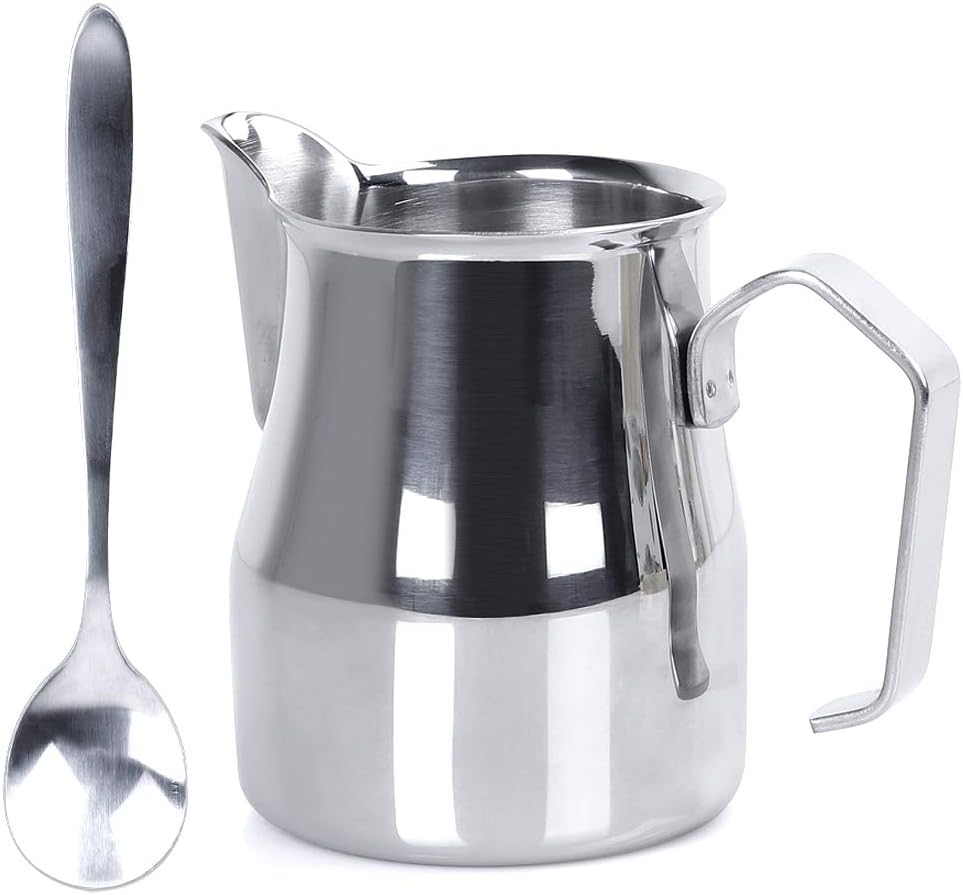 Ostrichy Milk Frother Pitcher, Stainless Frothing Pitcher, Milk Frothing Pitcher 12 oz, Frothing Pitcher with Coffee Spoon - Milk Frothing Pitcher Perfect for Cappuccino, Milk Frother, Latte Art