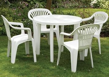Round Garden Table 4 Arm Chairs In White Resin Patio Furniture