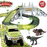 HOMOFY Slot Car Race Track Sets Dinosaur Toys Jurassic World with 142 Pieces Flexible Tracks 2 Dinosaurs,1 Military Vehicles,4 Trees,2 Slopes,1 Double-door and 1 Hanging Bridge for Children's Gift
