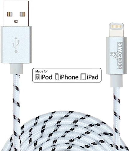 UberPower by NRGized Lightning to USB Cable [Apple MFi Certified] 3ft / 0.9m with Metal Connector Head and Braided Cable for iPhone 6 6Plus 5s 5c 5, iPad Air, Air mini, iPad, and iPod (White/Black)