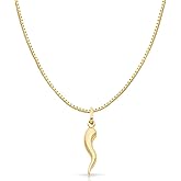 14K Yellow Gold Cornicello Italian Horn Necklace Good Luck Charm Pendant with 0.8mm Box Chain