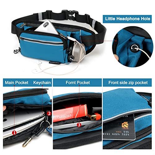 Reflective Run Running Pouch Belt Belts Bag Mens Gym Fanny Waist Pack Packs Waterproof Jogging Phone Workout Small Bags to Exercise Water Holder Light For Hiking Men Accessories Women Iphone Lake Blue