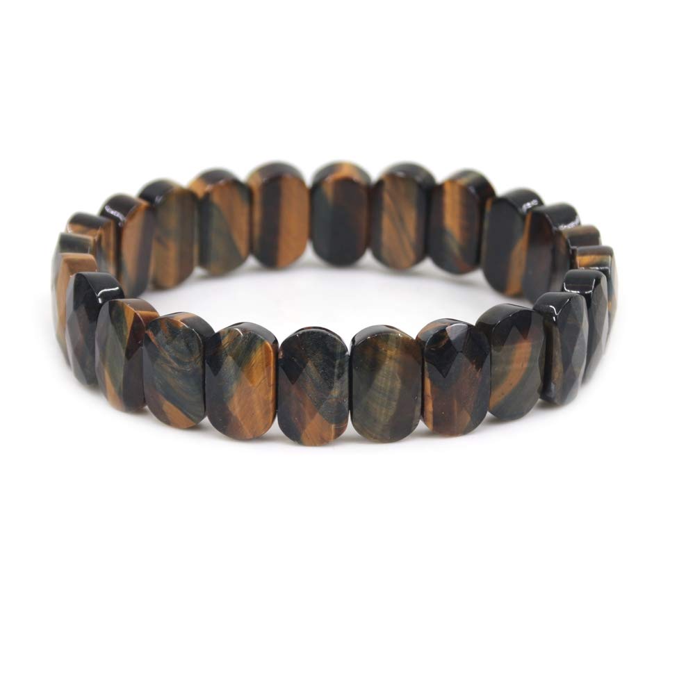 CHENYUE Natural Golden Blue Tiger Eye Gemstone 14mm Faceted Oval Beads Stretch Bracelet 7.5 Inch Unisex