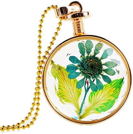 Jewelryfinds Round Golden Green Daisies Colorful Crystal Perfume Wishing Bottle Long Necklace