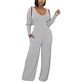 Annystore Sexy 2 Piece Set for Women Fall Outfit Ribbed Knit Long Sleeve Crop Cardigan Wide Leg Pants Set Jumpsuit Clubwear