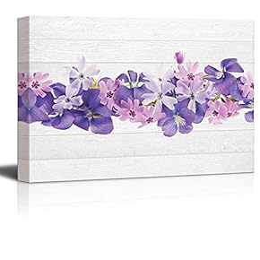 Row of Purple and Pink Flowers Over White Wooden Panels - Canvas Art Home Art - 12x18 inches