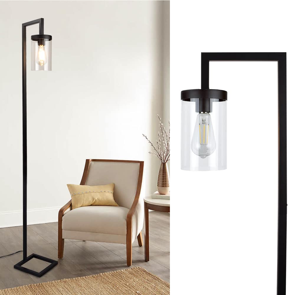 Depuley Industrial Floor Lamp, Modern Metal Standing Lamp with Hanging Glass Shade, Eye Protection Reading Standing Lamp for Living Room Bedroom Office, 6W LED E27 Bulb Included, Black — image 1