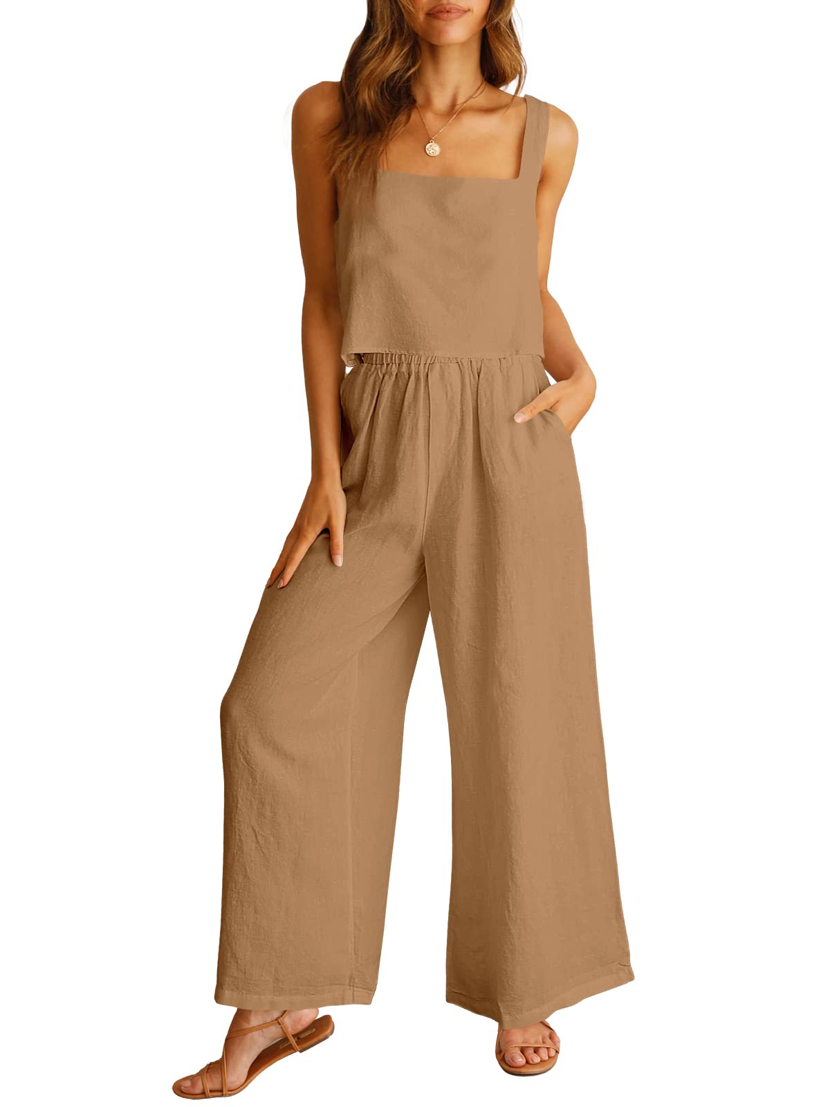 Photo 1 of ANRABESS Women's 2 Piece Outfits Linen Pants Jumpsuit Matching Lounge Set Casual Summer Beach Vacation Trendy Clothes Brown Medium