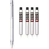 YYMIYU0.5 MM Low Center Of Gravity Automatic Mechanical Pencil, Metal Texture Pen (Silver) +4 Boxes Of 0.5MM Lead