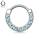 CZ Paved Round Top 316L Surgical Steel Nose Septum/Ear Cartilage Clicker Ring- Choose Size/Color (Aqua 14G)