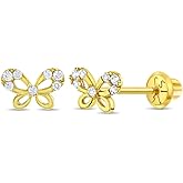 14k Yellow Gold Young Girls Dainty Cubic Zirconia Butterfly Screw Back Earrings - Beautiful Stud Earrings for Toddlers and Young Girls with Safety Screw Backs - Small Kids Butterfly Earrings