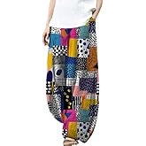 domirica Cotton Linen Boho Casual Pants for Women Flowy Wide Leg High Waist Harem Pants Yoga Summer Comfy Lounge Pants