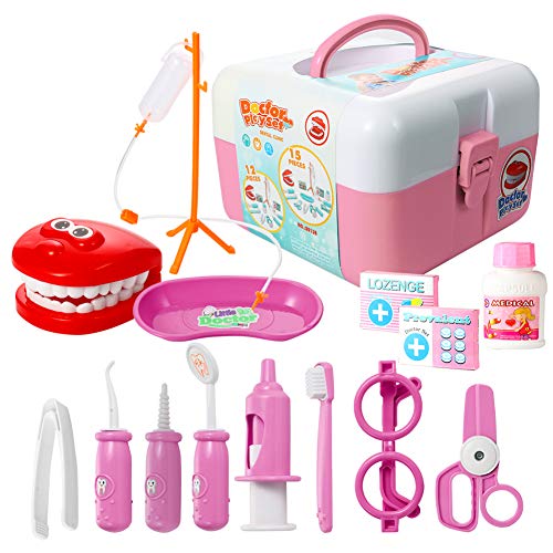 ThinkMax Dentist kit for Kids, 15 pcs Kids Pretend Dentist Playset Toys Dentist Medical Role Play Educational Toy Doctor Playset for Girls Boys and Toddlers(Pink) - Thumbnail 7