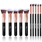 Qivange Makeup Brushes with Pouch, Black with Rose Gold (10 Pieces)