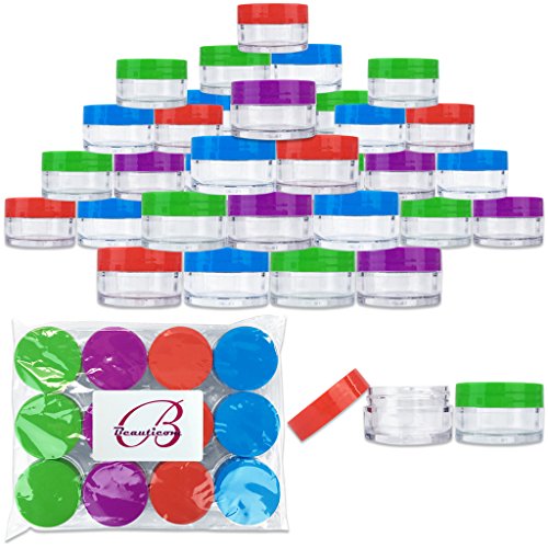 Beauticom 20G/20ML Clear Round Sample Jar Containers with Mixed Color Lids (Red, Green, Purple, Blue) for Lotion, Creams, Toners, Lip Balms, Cosmetic, Makeup - BPA Free (4 Packs (48 Pieces))