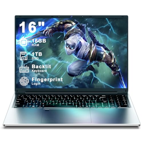 XNQ Gaming Laptop Computer 2025, 16 Inch 1920 * 1200 FHD IPS Lap Top, 16GB RAM 1TB ROM, N5105 Processor, 5000mAh Battery, Backlit Keyboard, USB3.0, Fingerprint Unlock, HDMI, Wifi5 BT4, Win 11 pro