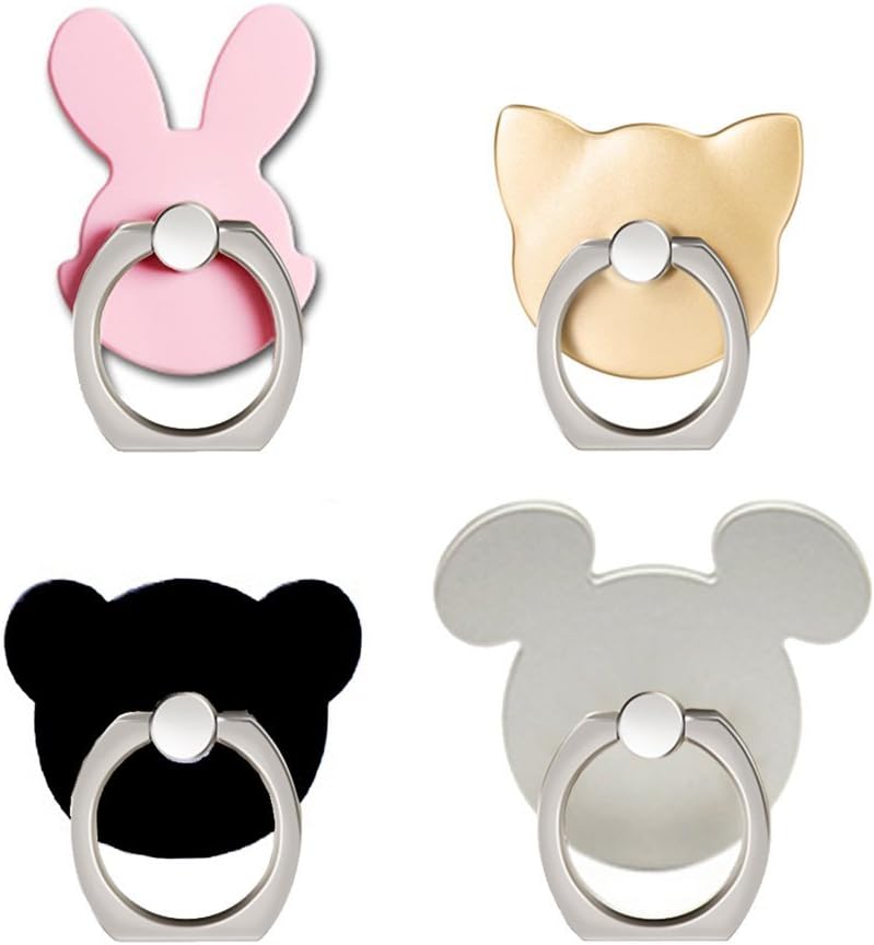 Cell Phone Ring Holder, CNYMANY 4 Packs Animal Finger Grip Kickstand Stand for Universal Smartphone iPhone Samsung Galaxy S8 LG Huawei - Cat, Bear, Rabbit, Mouse