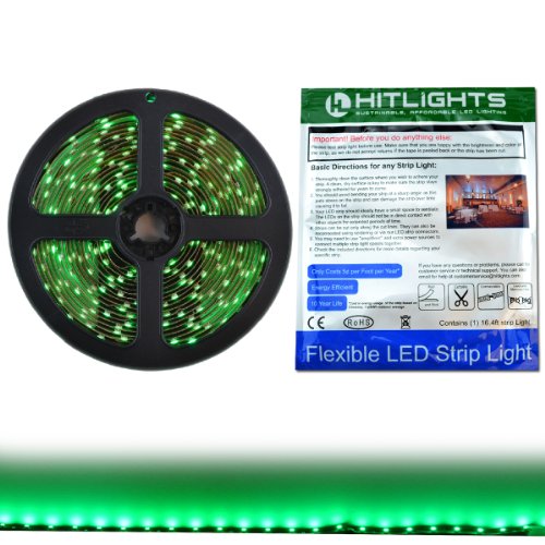 HitLights L0512V-GN1-1630 3528 LED Light Strip, 300 Leds, 72 lm. & 1.3W Per Foot, 12V Dc, Adhesive Backed for Kitchens, Cabinets, Displays, Bedrooms, Crown Molding & More, 16.4' Spool (5 M), Green