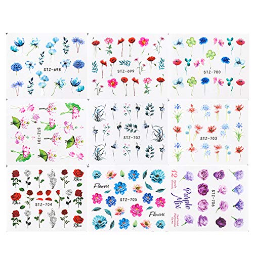 Joyibay Nagelsticker, 24 Blatt Nail Art Stickers Blumen Nagelsticker Wassertransfer Nagel Aufkleber Nägel Aufkleber Elegant Set für Party, Weihnachten, Neujahrsdekoration etc